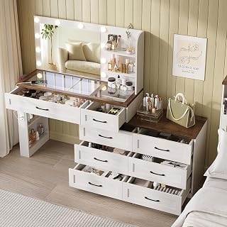 Antique white farmhouse makeup vanity with glass top and drawers