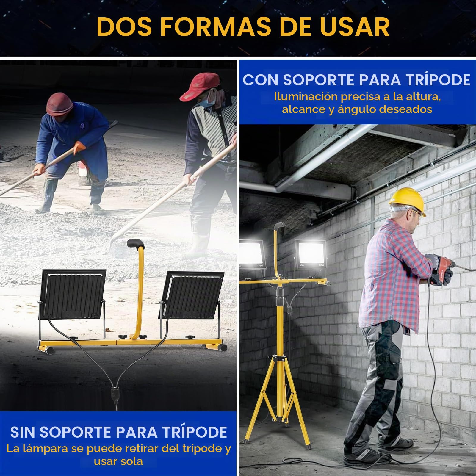 Yofuly 2x 100W Foco LED de Trabajo 21,000LM, Focos LED Portátil con Trípode Telescópico 1,6M, Lentes PC, IP66 Impermeable, con Cable de 3M, Luz de Trabajo para Obras, Jardines, Construcción