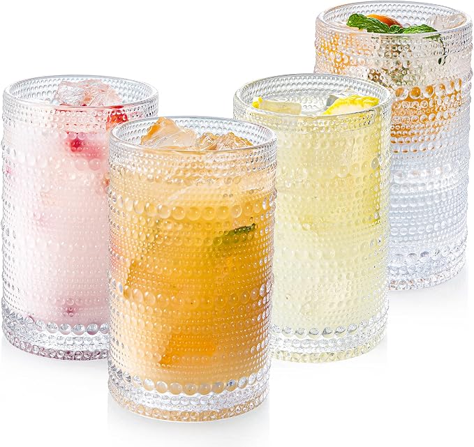 Hobnail Drinking Glasses Set of 4, Art Deco Vintage Glassware, 12 oz Tall Crystal Tumblers, Clear Embossed Glass Cups, Romantic Iced Beverage Glass, for Beer, Cocktail, Soda, Cappuccino