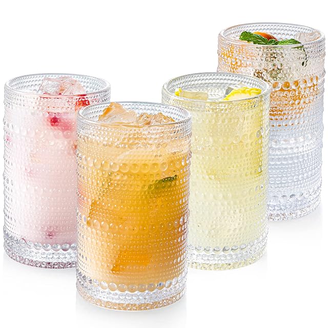 Hobnail Drinking Glasses Set of 4 Art Deco Vintage Glassware 12 oz Tall Crystal Tumblers Clear Embossed Glass