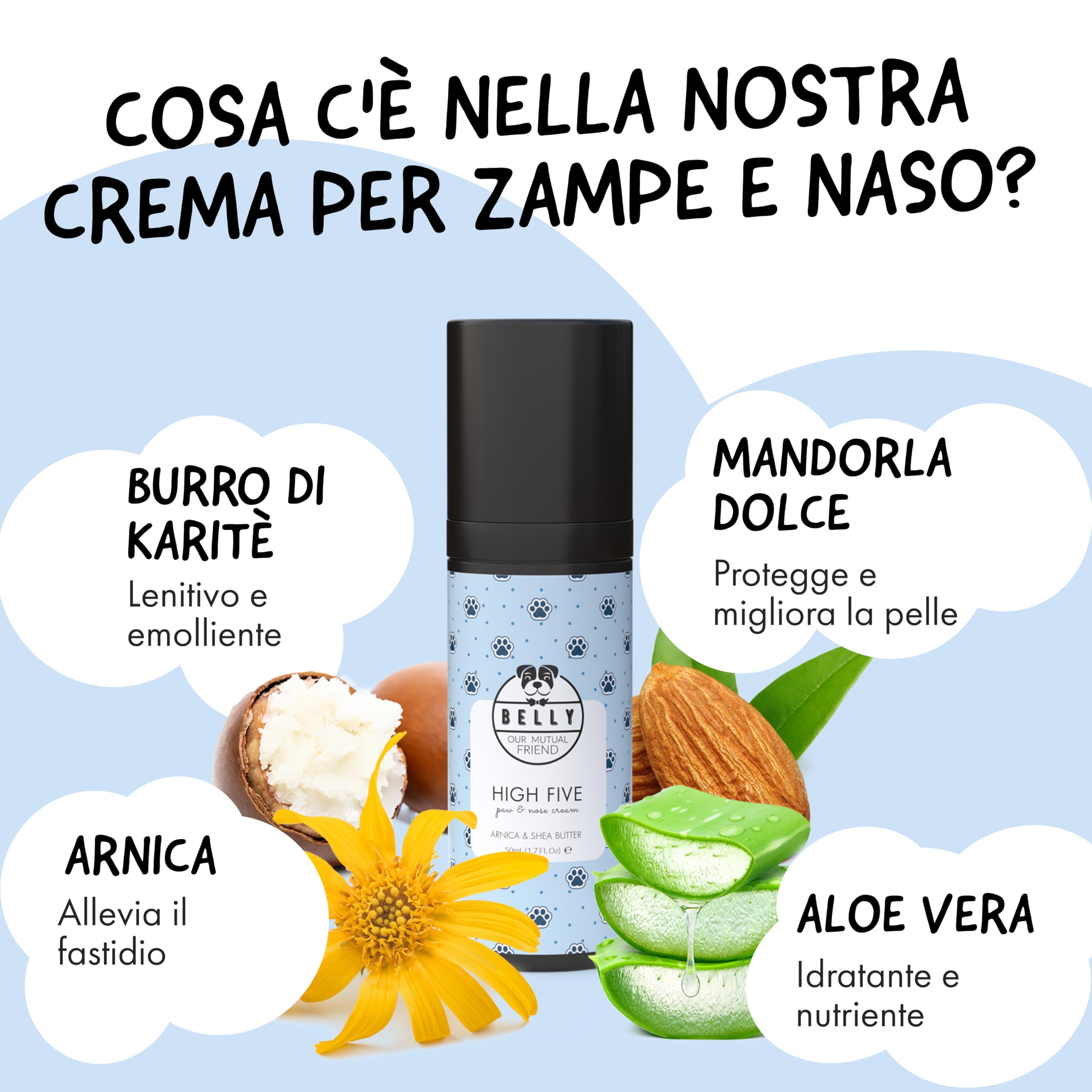Belly® Crema Polpastrelli Cane 50g - Idrata e Protegge Naso e Zampe dal Freddo - Naturale, Sicura da Leccare, Senza Profumo - Crema Zampe Cane Neve, Sollievo per Secchezza, Screpolature e Prurito