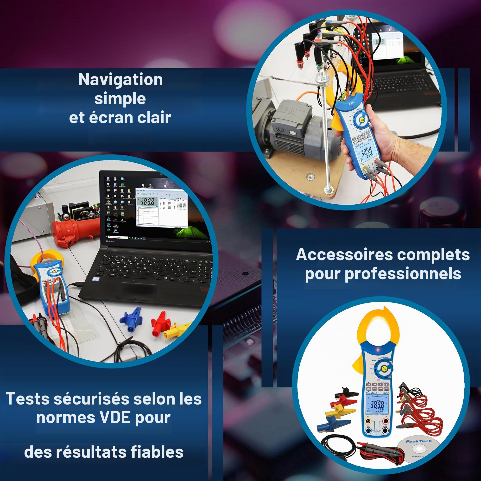 PeakTech 1660 - Pince de Courant Efficace avec USB, 1000A AC, 9999 counts, Multimètre Numérique, pour kW, kWh, kVA, TÜV/GS, Pince de Courant, Voltmètre sans Contact, Testeur de Continuité