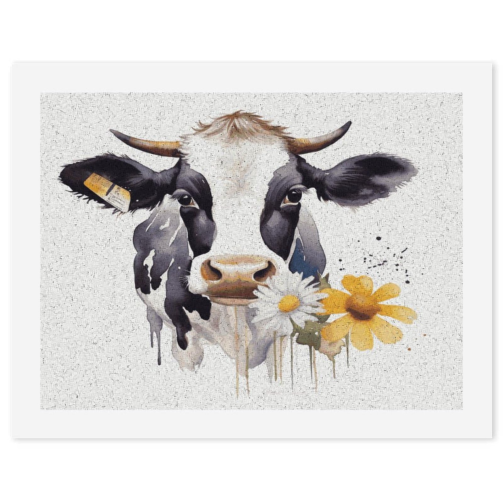 LDGSUPH Watercolor Cow And Daisy Flower Paint by Numbers Kits for Adults Beginners Exquisite Digital Oil Painting Kits Painting Anti-fading Canvas Wall Art DIY Gift for Home Wall Decor