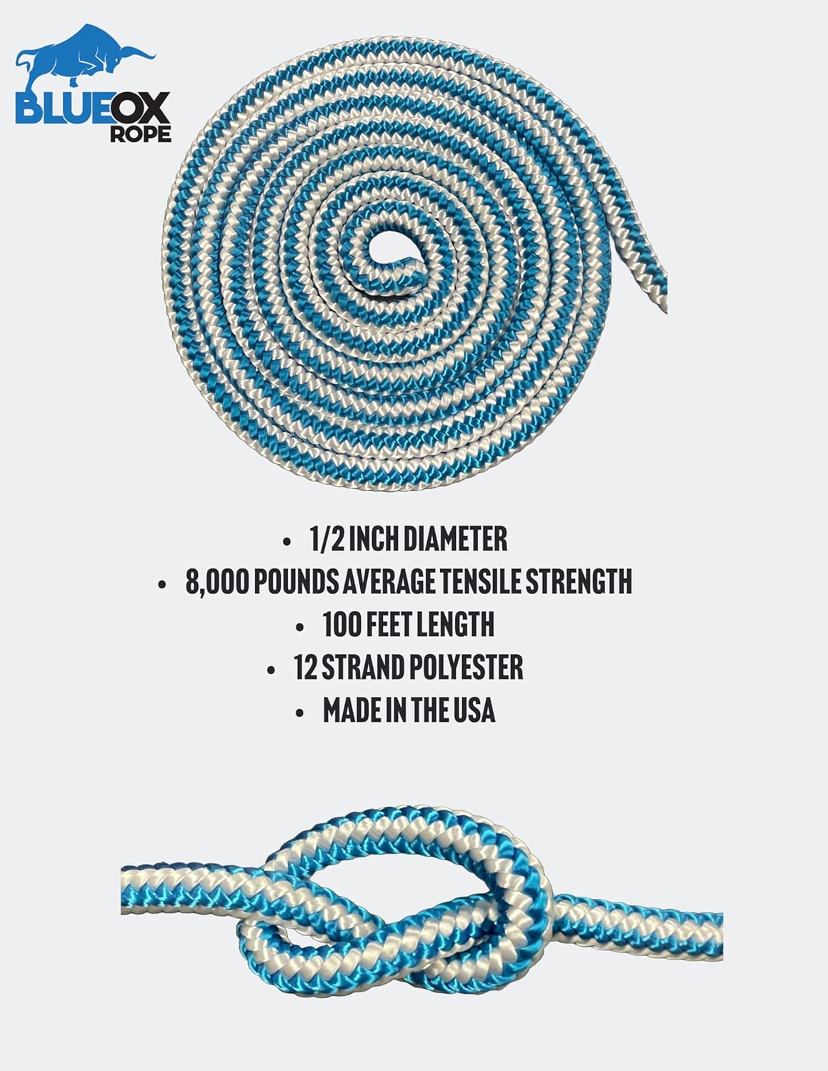 Blue Ox Rope 1/2 Inch by 100 Feet 12 Strand Polyester Arborist Climbing Rope, Blue/White, Made in the USA