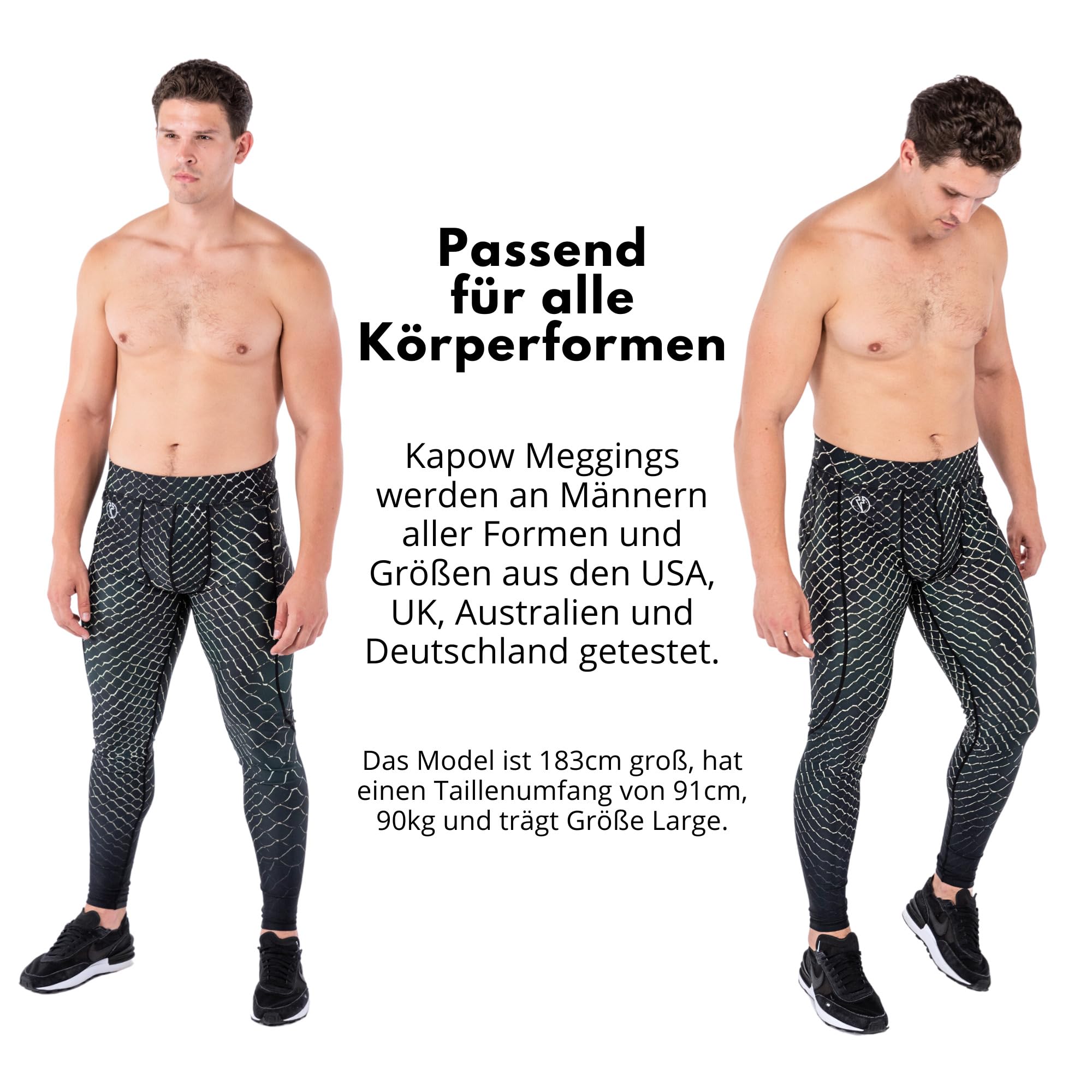 Kapow Meggings Herren Performance Leggings mit abnehmbarem Frontpolster - Sportliche Kompressionsleggings mit Taschen, ideal für Laufen, Fitness und Training