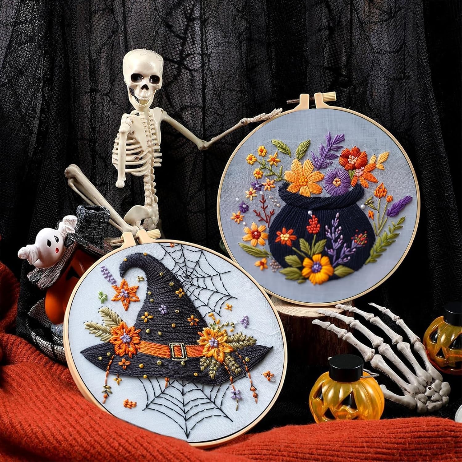 MGARDENMYI Floral Witch Hat Embroidery Kit Halloween Cross Stitch Material Set with Bat Skull Flower Pumpkin Patterns, DIY Hand Needlepoint Embroidery Craft Kit for Beginners Professional (Set of 7)