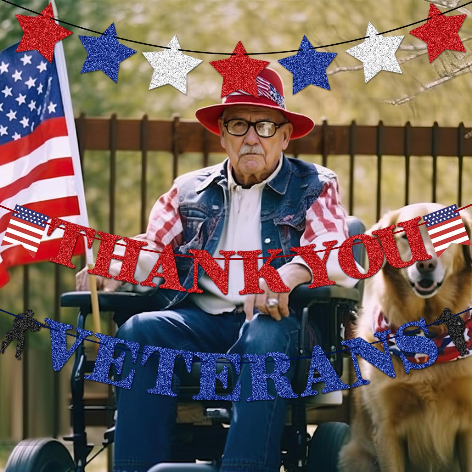 Veterans Day Deko-Set – Glitzernde 'Thank You Veterans' Banner & Patriotische Girlande