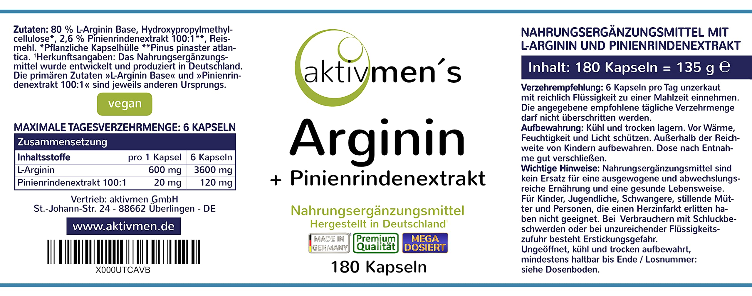 Arginin plus Pinienrindenextrakt hochdosiert - 180 Kapseln - L-Arginin Base + Pinus pinaster Extrakt - 1 Dose (1x135g) 100,00% VEGAN + laborgeprüft