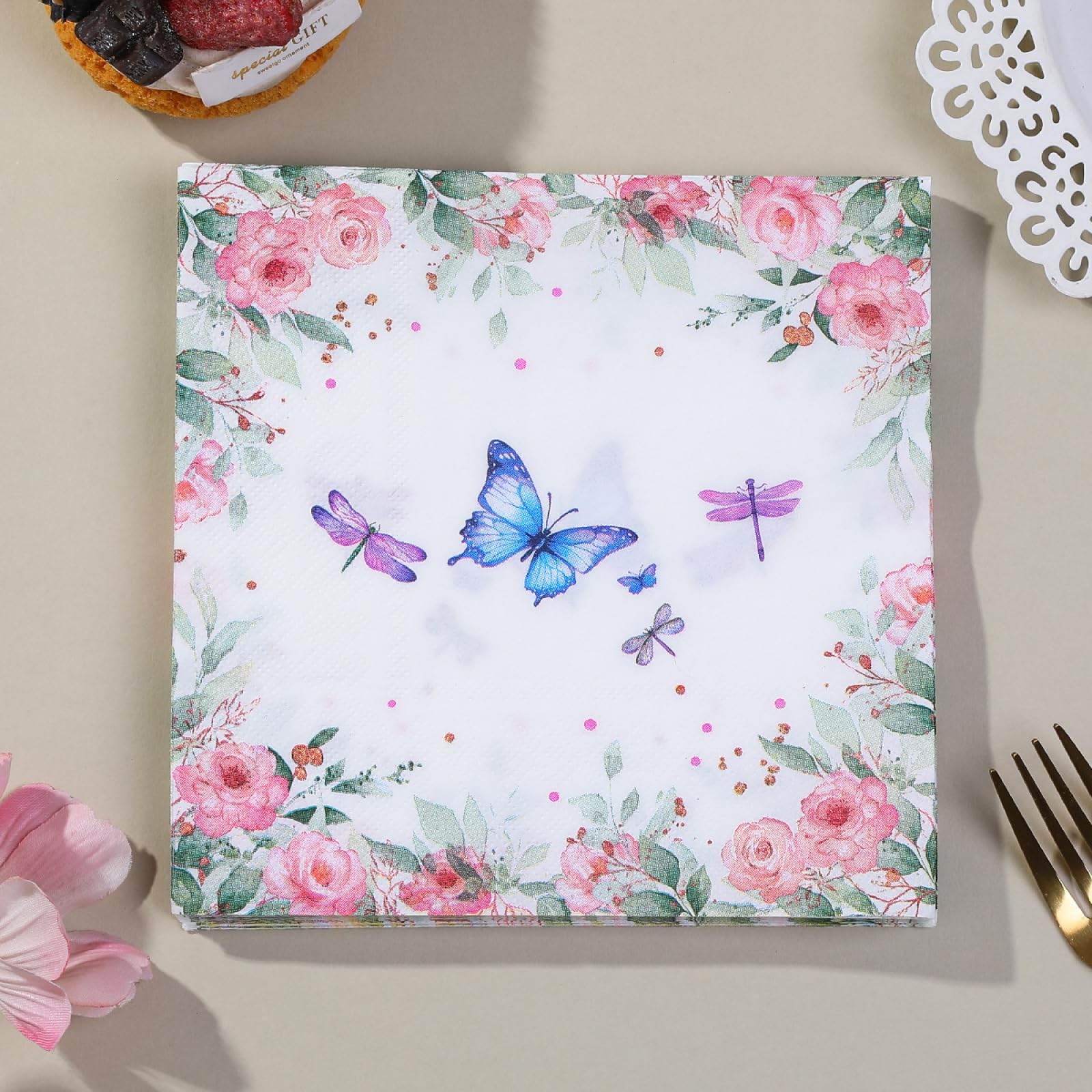 Servietten Rose Schmetterling Insekt Happy Birthday Servietten Hochzeit Kindergeburtstag Cocktailservietten Party Geburtstagsservietten Servierten Disposable Napkins Pack of 20(33x33)