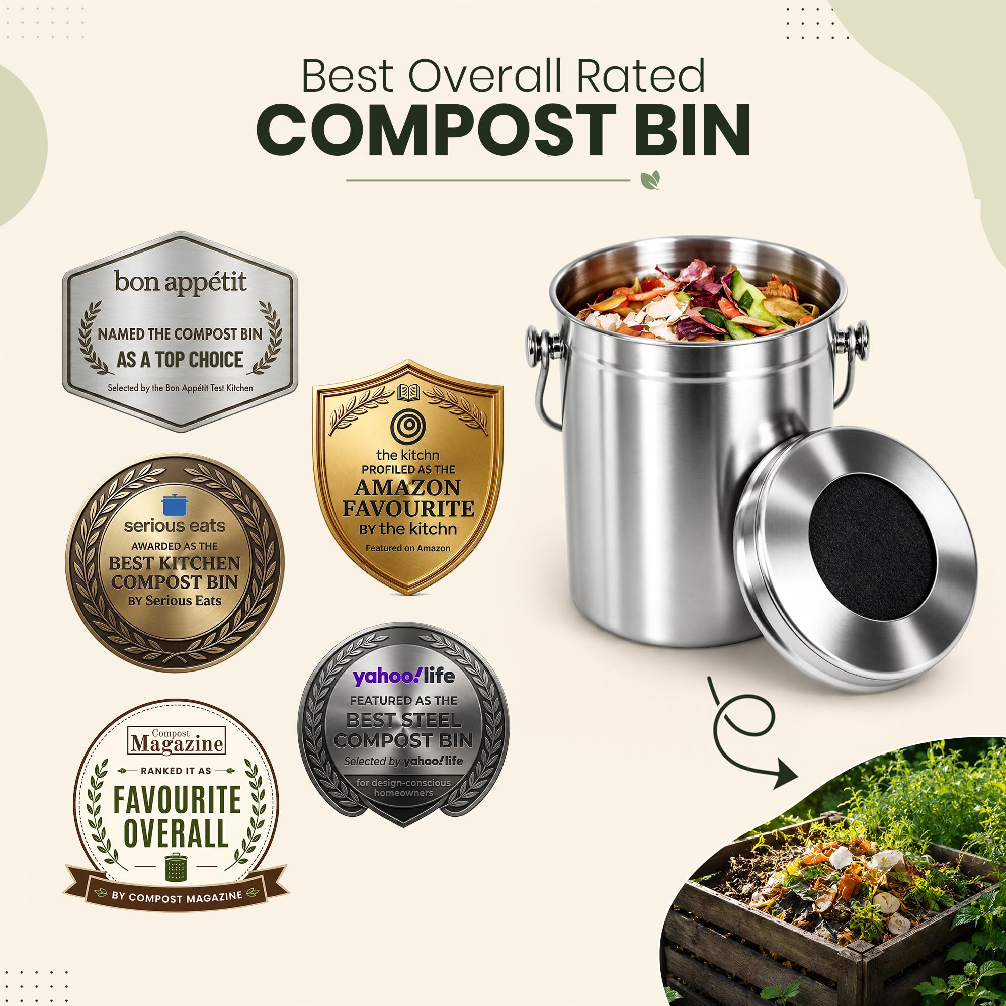 Epica, Secchio per compost da banco da cucina, 5 litri, inodore, con filtri a carbone, da interno, con coperchio, compostiera in acciaio inox per avanzi di cibo e riciclaggio dei rifiuti