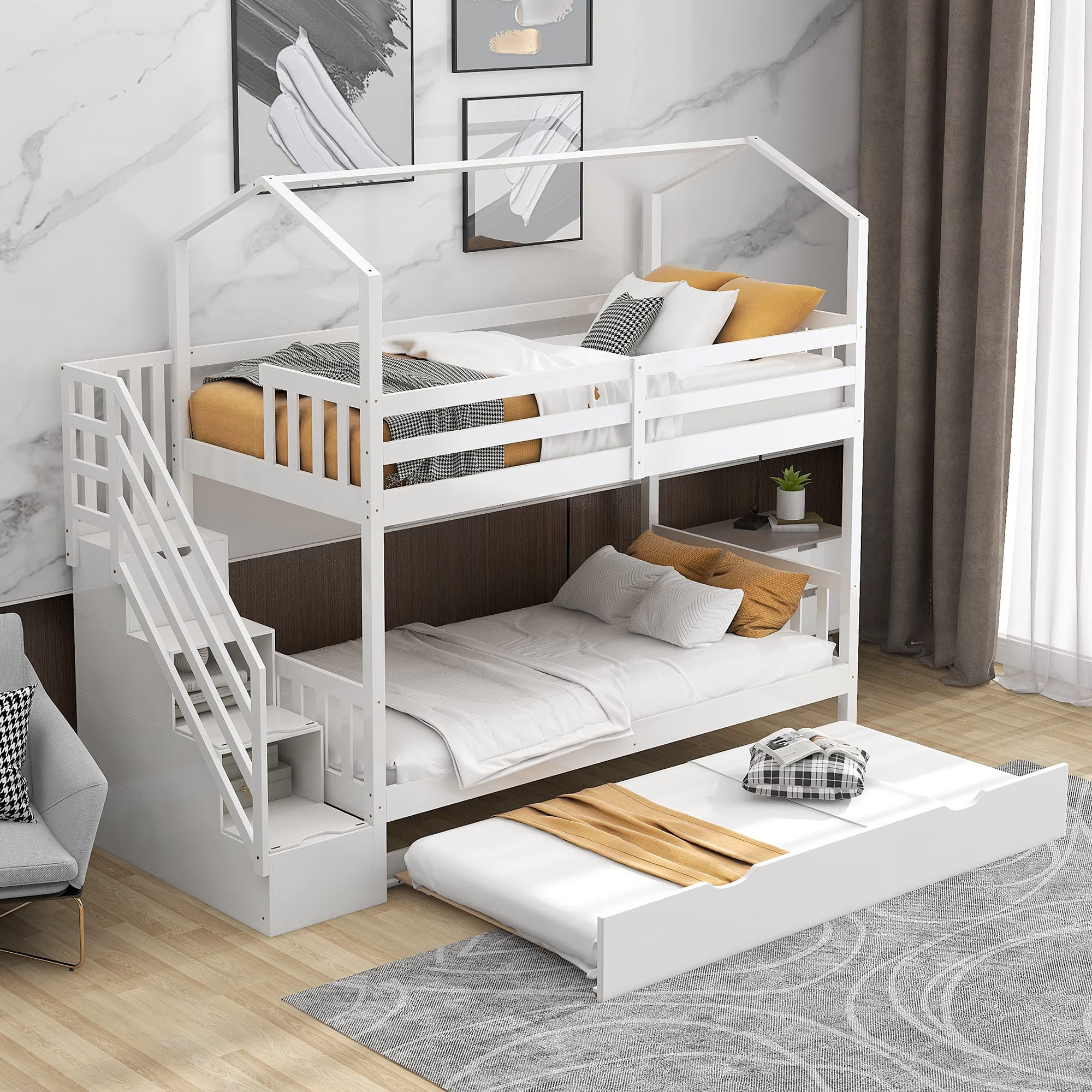 Actual Soild Wood Staircase Bunk Bed with Trundle, Twin Over House Storage Staircase/Roof/Guardrails, Wooden for Kids/Teens, Can Accommodate 3 People (White+Wood+Bunk Bed)