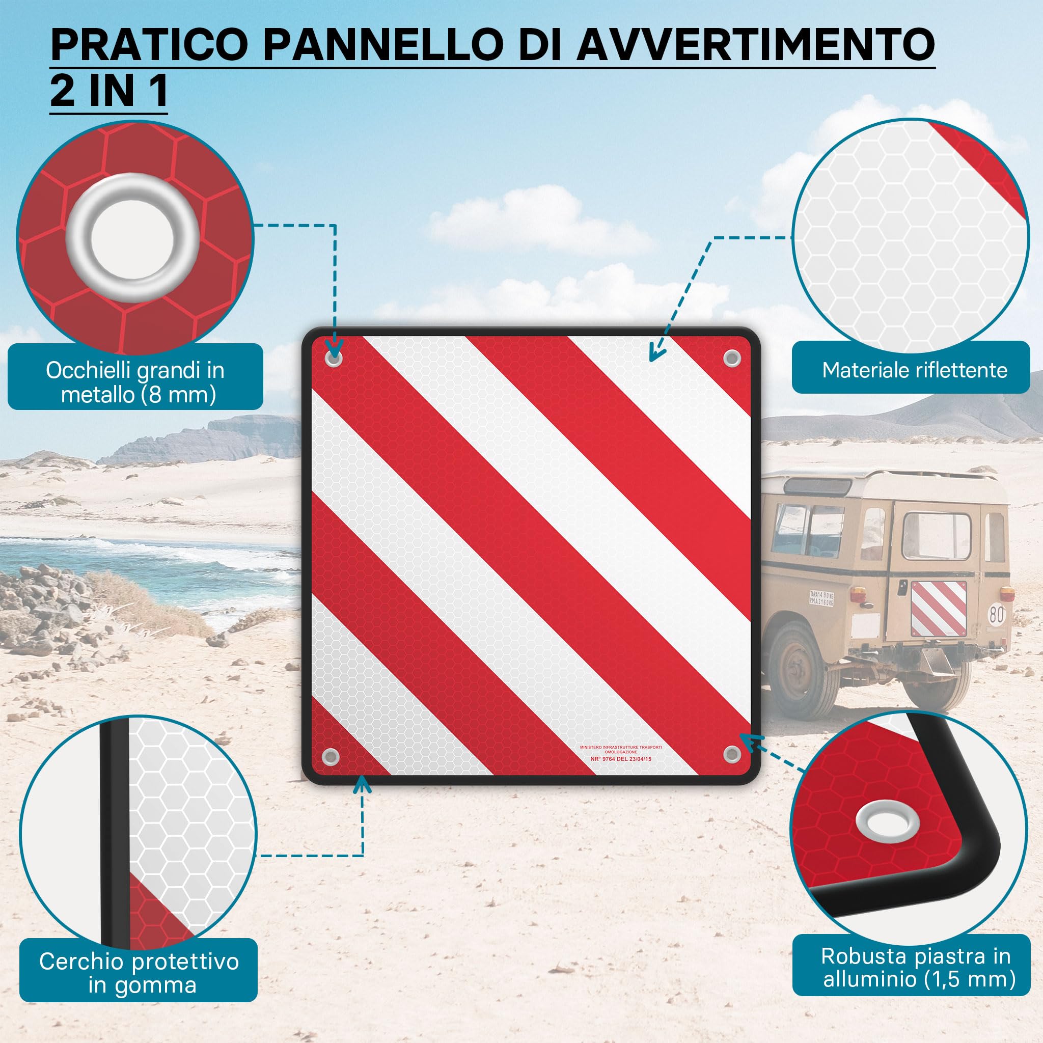 Wiltec Pannello per carichi sporgenti Italia e Spagna, alluminio 50x50cm, per portapacchi posteriore
