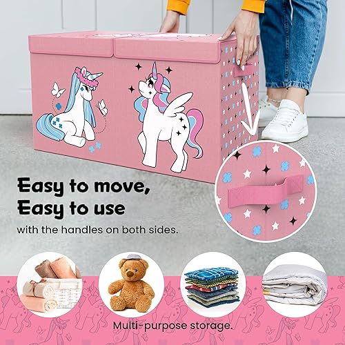 Miniatura 4 de ADDFIT HOUSE Cofre de juguetes de unicornio para niñas, caja de juguetes espaciosa y duradera con divisores extraíbles, fácil de montar, asas