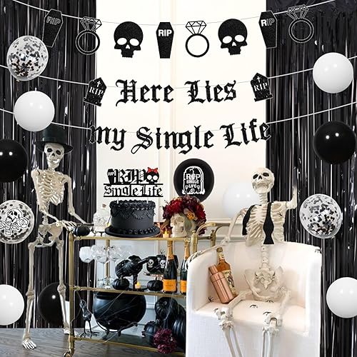 Miniatura 3 de Decoraciones góticas para despedida de soltera, Here Lies My Single Life, globos negros de despedida de soltera, pancarta de telón de fondo con