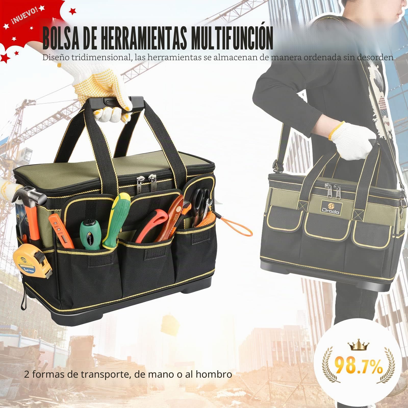 Drado Bolsa de Herramientas Profesional e Impermeable Con Correa Ajustable Para el Hombro (40 x 23 x 28 cm)