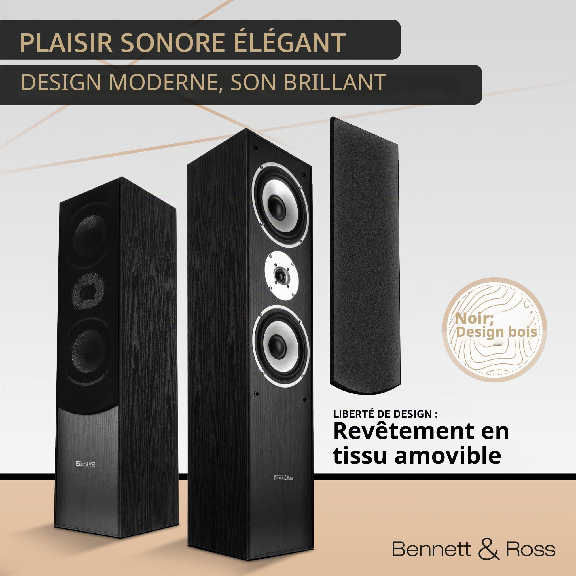 Bennett & Ross Radiant Paire d'enceintes Colonne HiFi 3 Voies (350W RMS, 6,5" woofer, 6,5" médium, 1" Tweeter, Conception Bass-Reflex, Finition Bois veiné) Noir