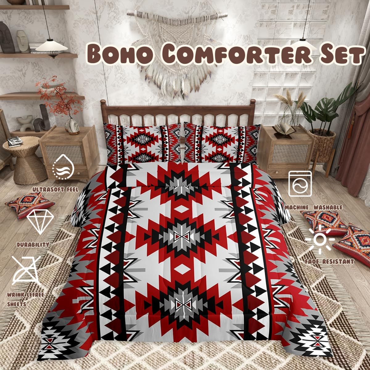 jejeloiu Kids Boho Western Bedding Set Soft for Boys Girls, Bohemian Southwestern Comforter Set Queen Size Aztec Decor Duvet Quilt Farmhouse Country Bedroom 3 Pcs with 2 Pillow Cases - Image 2