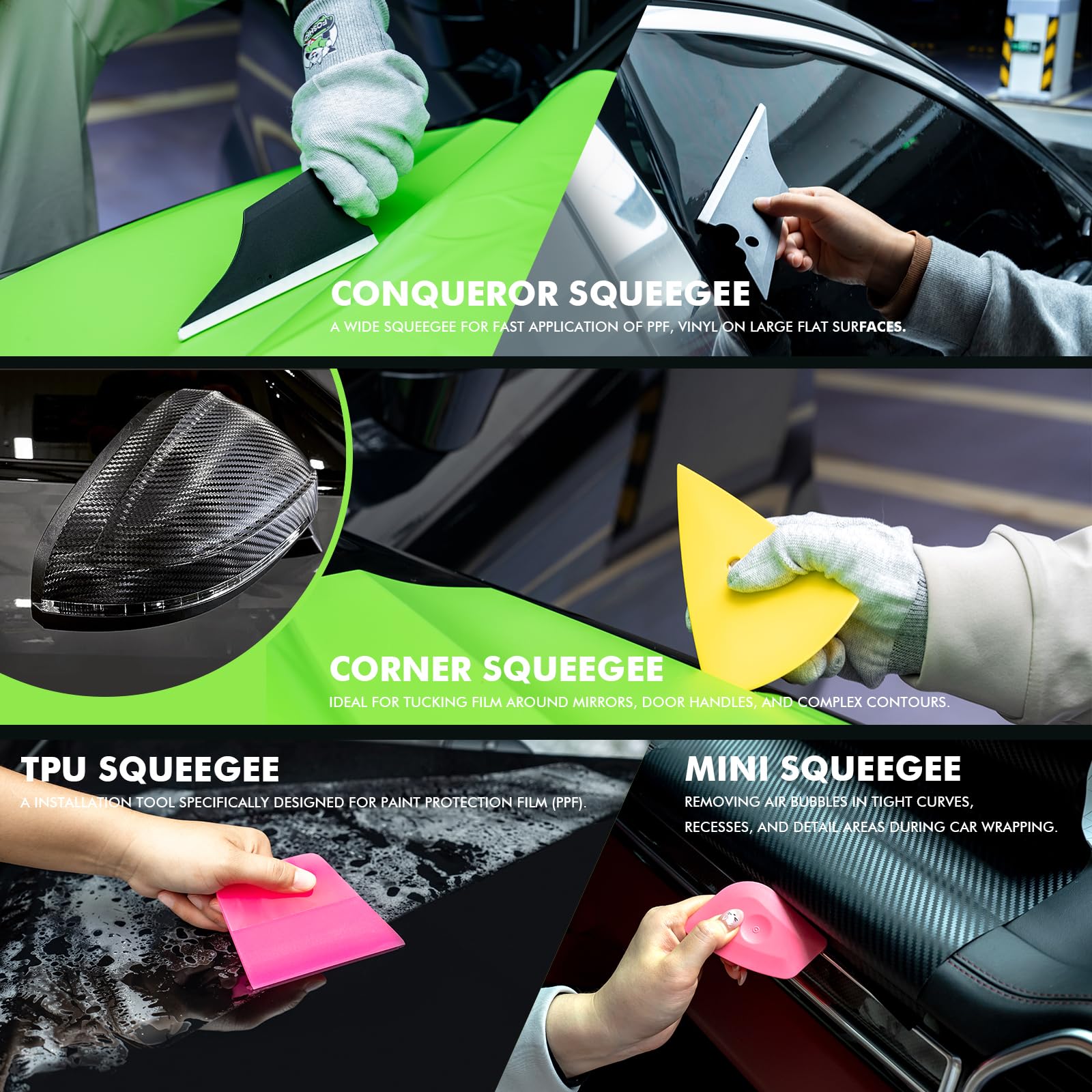 FOSHIO Kit d'outils en vinyle sans couteau de 50 m pour voiture - Contient 4 aimants pour enroulement de voiture, micro raclette, grattoir, raclette en feutre, gants, raclette, cutter pour film teinté