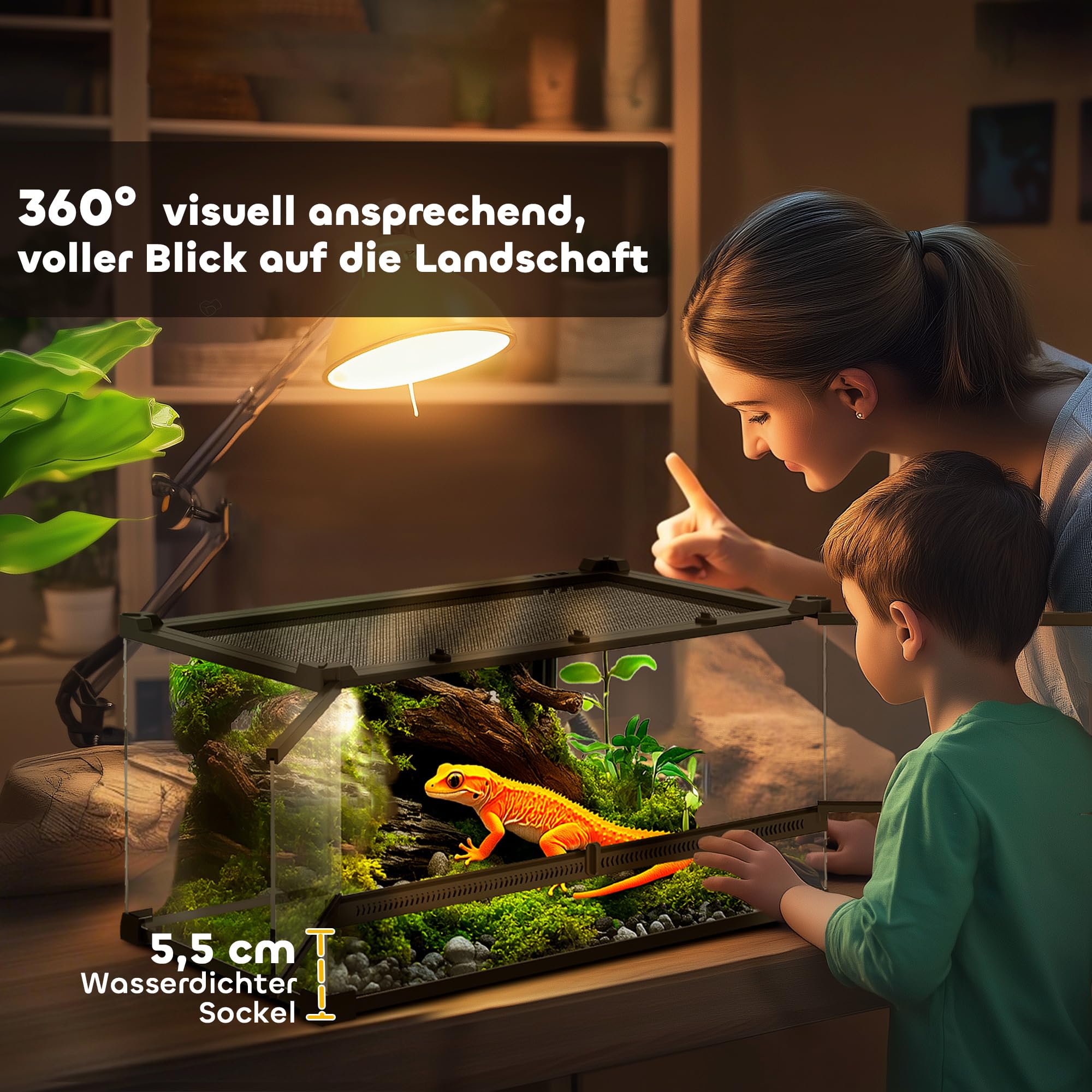 PawHut Terrarium dla gadów, szklane sterrarium 34 l, pudełko na karmienie gadów, z przednią wentylacją, odporne na wybicie zamknięcie obrotowe dla pająków, czarne, 50 x 30 x 25 cm