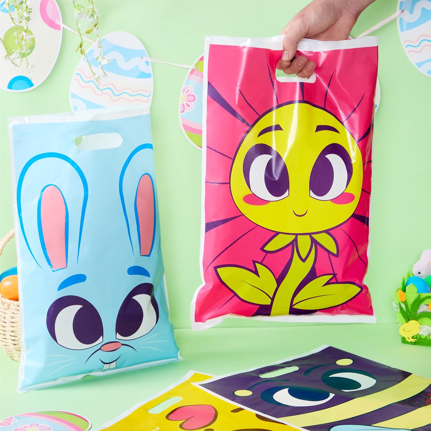 JOYIN 72 Pcs Easter Large Plastic Tote Bags Easter Goodie Treat Gift Bags with Handles for Egg Hunt, Kids Basket Party Favor Party Supplies