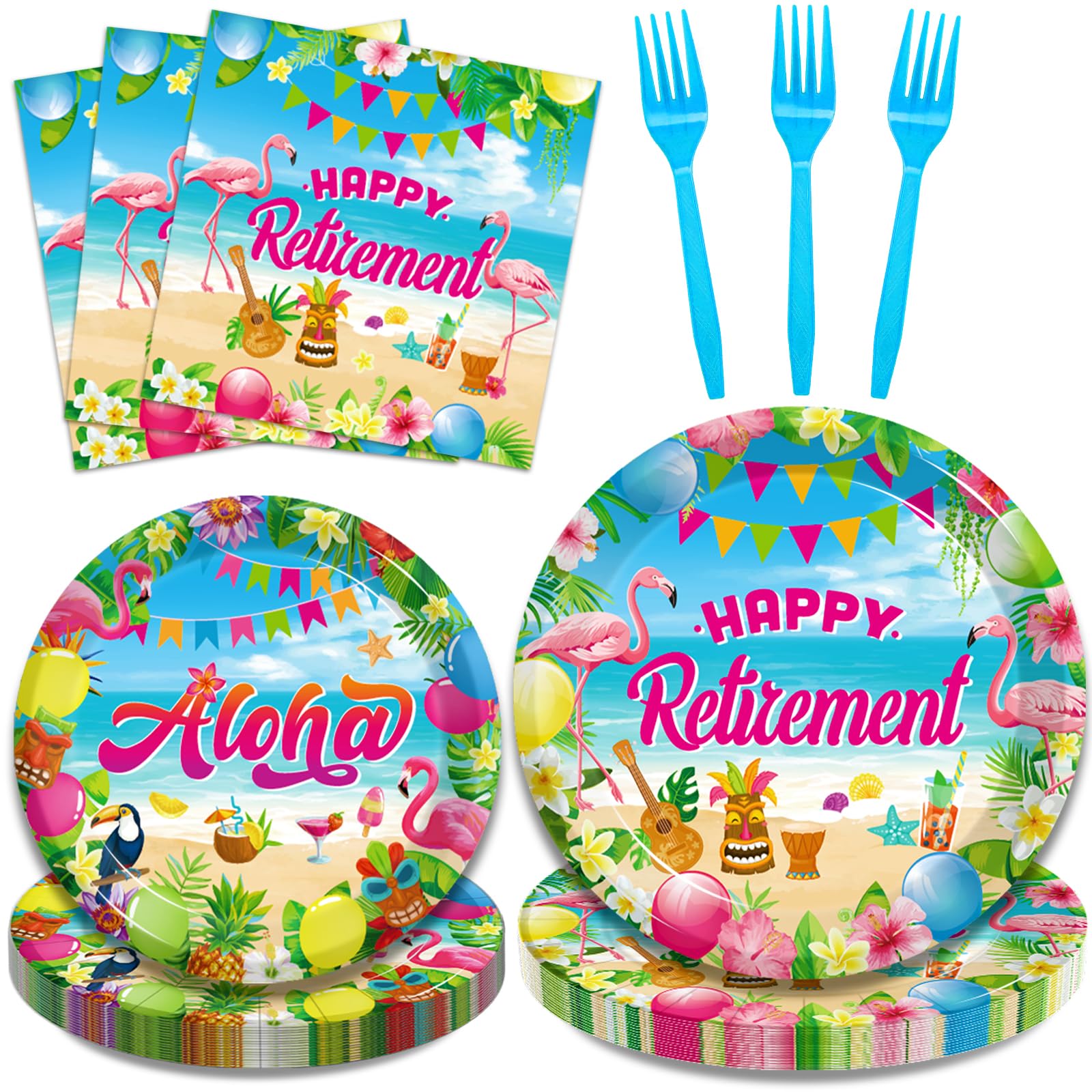 Kepeel 96 Pcs Hawaiian Aloha Retirement Party Plates, Luau Tropical Happy Retirement Party Decorations Supplies Summer Beach Theme Disposable Paper