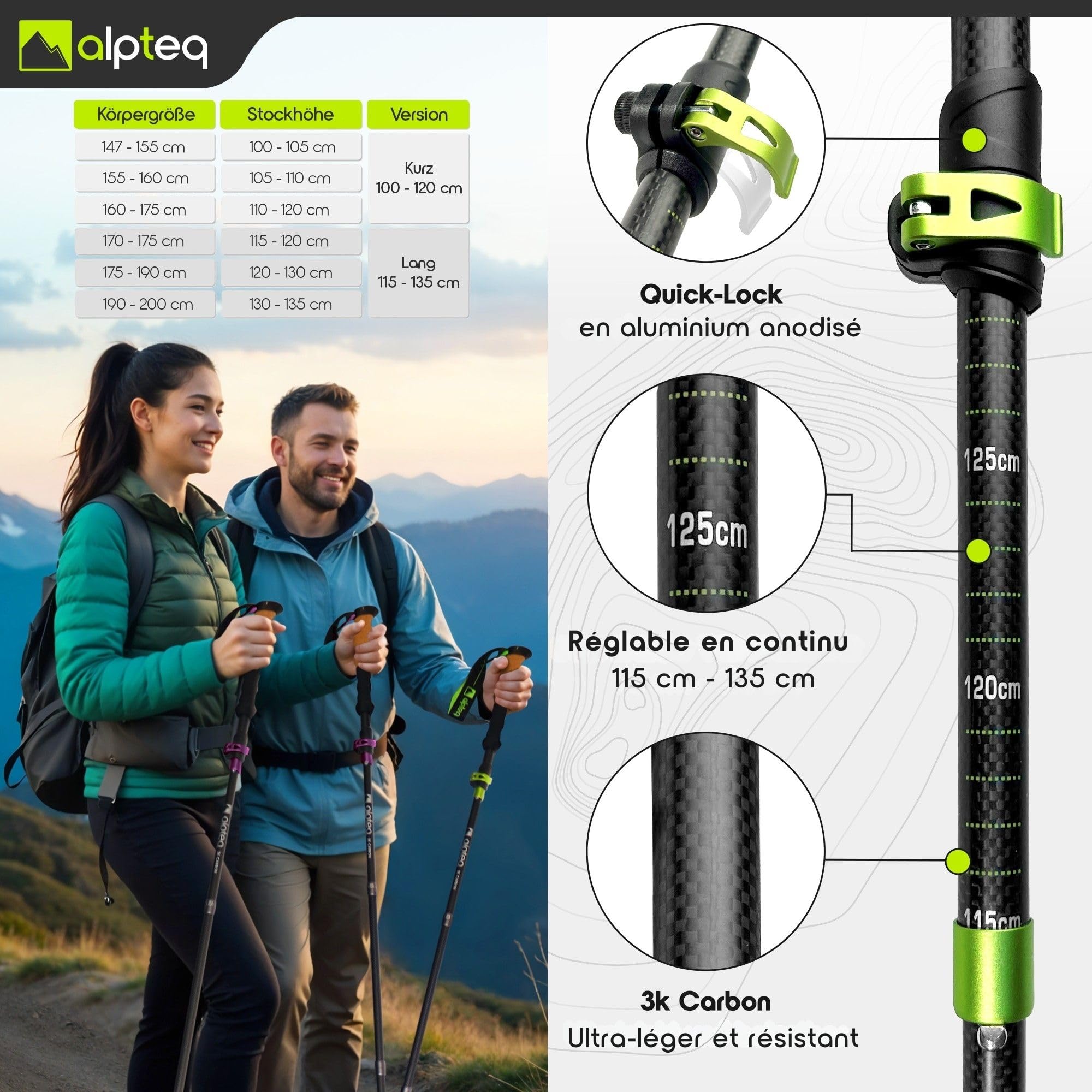 Bâtons de randonnée Pliables en Carbone avec poignée en liège | Bâtons de Trekking pour Sports de Montagne | Bâtons de Marche Nordique pour Homme et Femme | Extra léger et télescopique