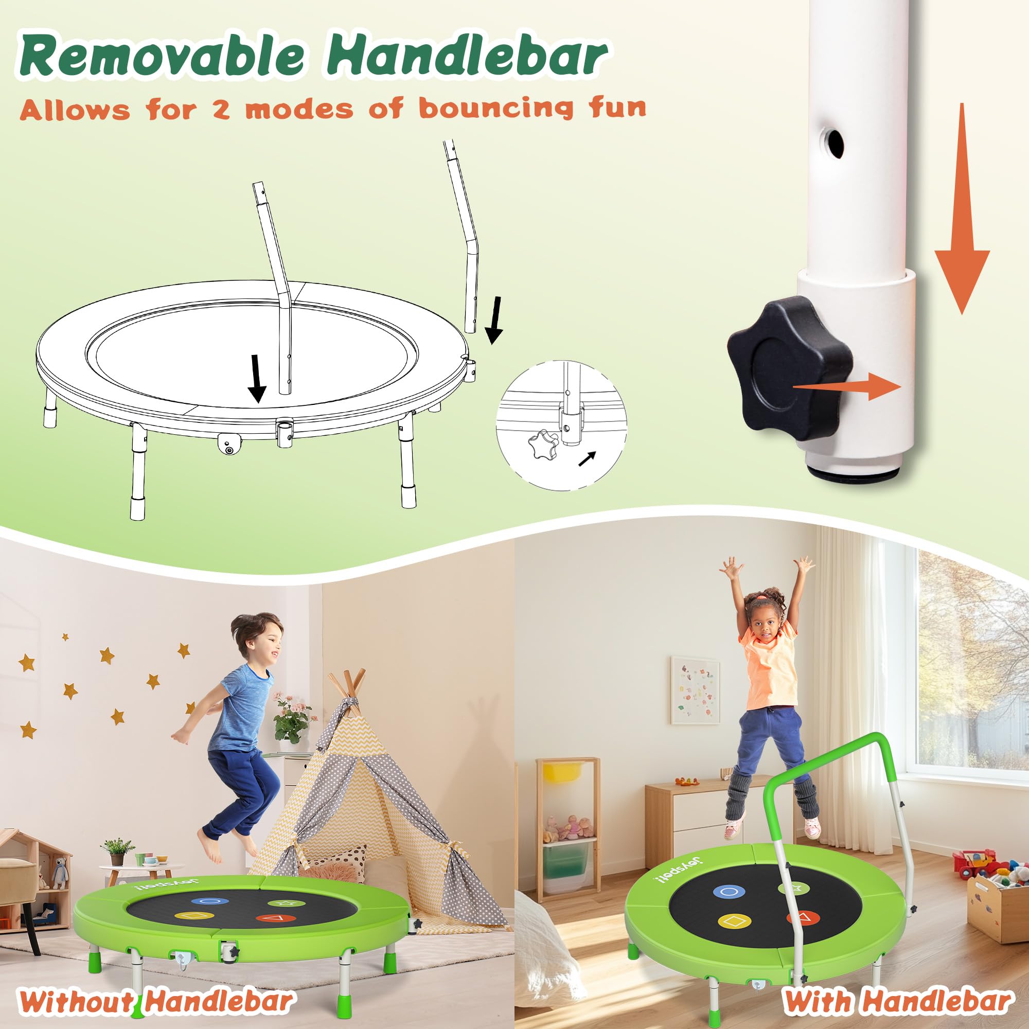 JOY SPOT! Trampolin Kinder Indoor Outdoor, Ø91cm Mini Trampolin mit Verstellbarer Haltegriff, Faltbares Kindertrampolin bis 45 kg, Fitness Rebounder mit Sicherheitspolster für Kleinkind 3-12