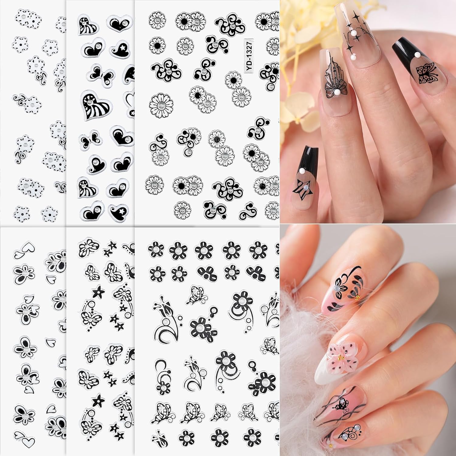 Black Flower Nail Stickers - 30 Sheets Dark Floral Nail Decals 3D Self-Adhesive Butterfly Star Nail Art Stickers for Acrylic/Gel Nails, Edgy DIY Gift for Women