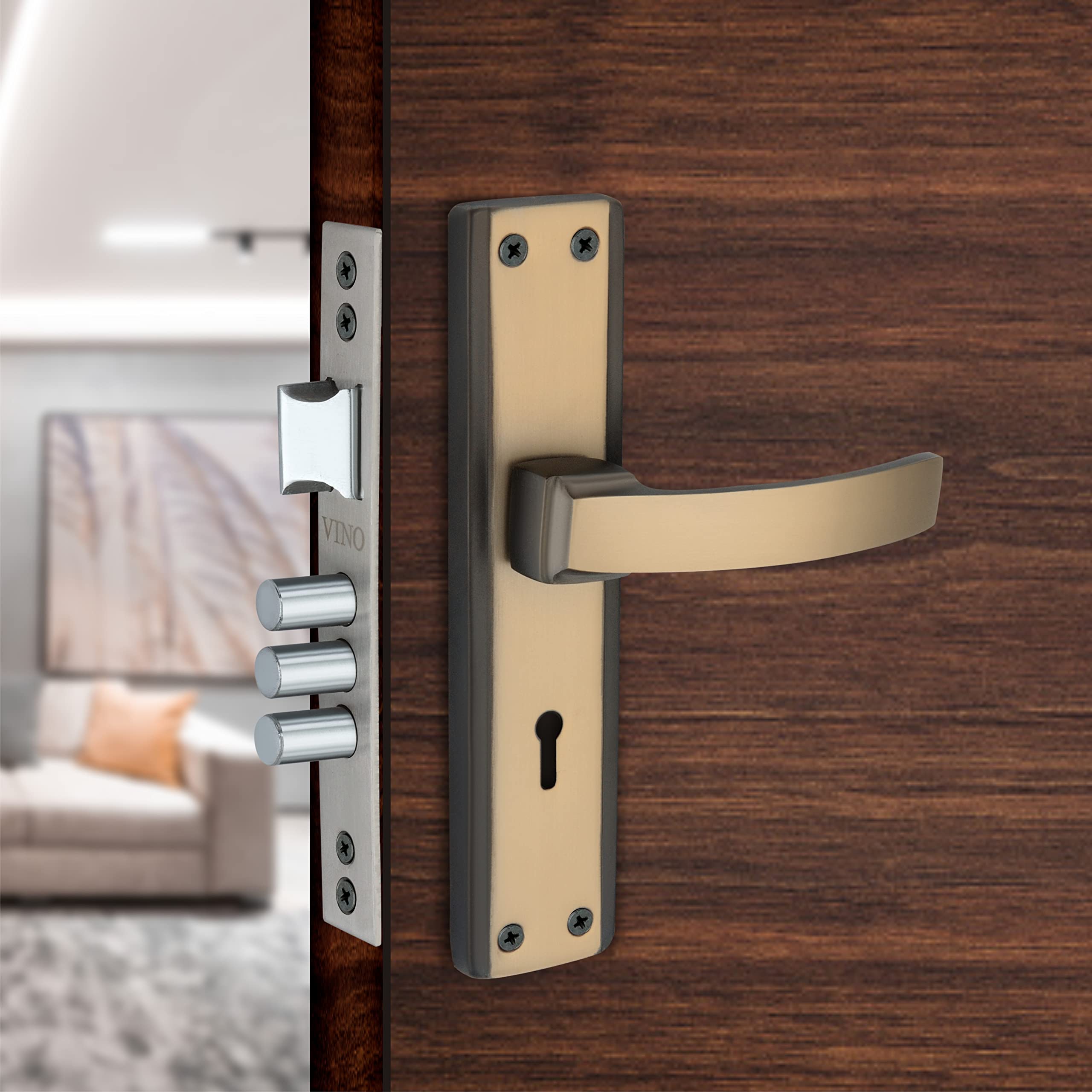 Vino Heavy Duty 8inch Mortise Handle Door Locks for main door / Bedroom Door / Living room / Bathroom Door / Office / Hotels / Main Door Lock Handle sets / Heavy 3 Bullet and Solid Latch Door Lock Body With 3 key Double Action Mortise Lock for Door / Door Locks for Home (Black Gold Finish)(VMH021-BG)