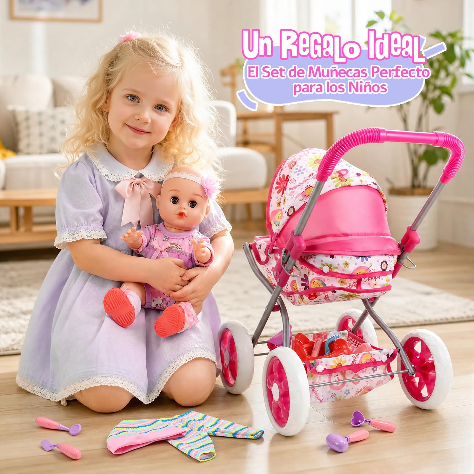 HappyGoLucky Carrito Bebe Juguetes con Muñeca de 28 cm, Ropa y Accesorios para Muñecas Juguetes Niños 2-8 Años Juego de rol Regalo Niña 3-7 Años Cochecito Muñecas Ideal para Cumpleaños y Navidad
