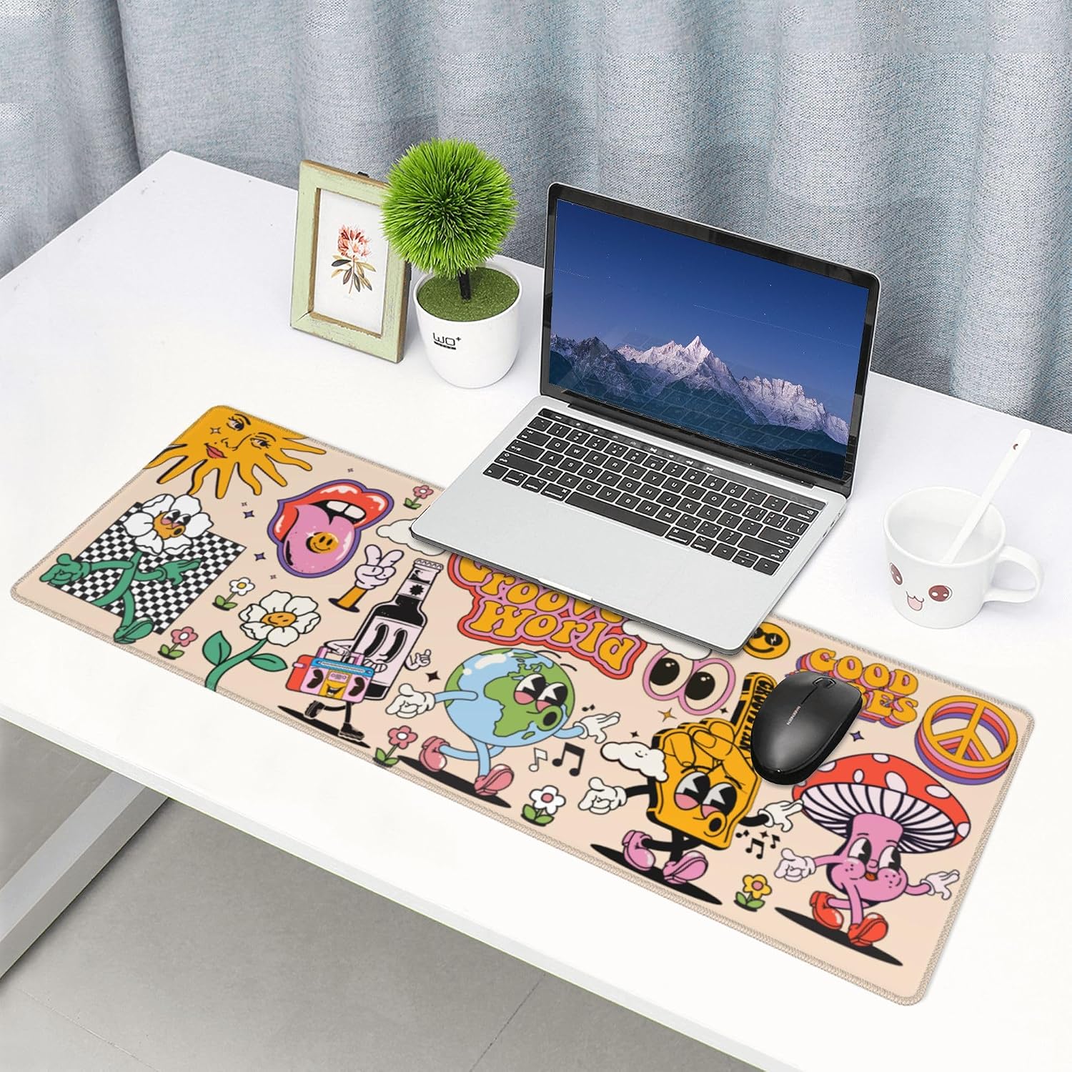 70s Vintage Earth Mushroom Mouse Pad – Large Desk Mat with Non-Slip Rubber Base, 31.5 X 11.8in Gaming Mousepad for Laptop Pc, Office Accessories and Desktop Decor