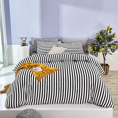 Miniatura 6 de Juego de edredón a rayas blancas y negras, juego de cama para mujer, suave y duradero, edredón de calidad hotelera, juego de cama para niñas y