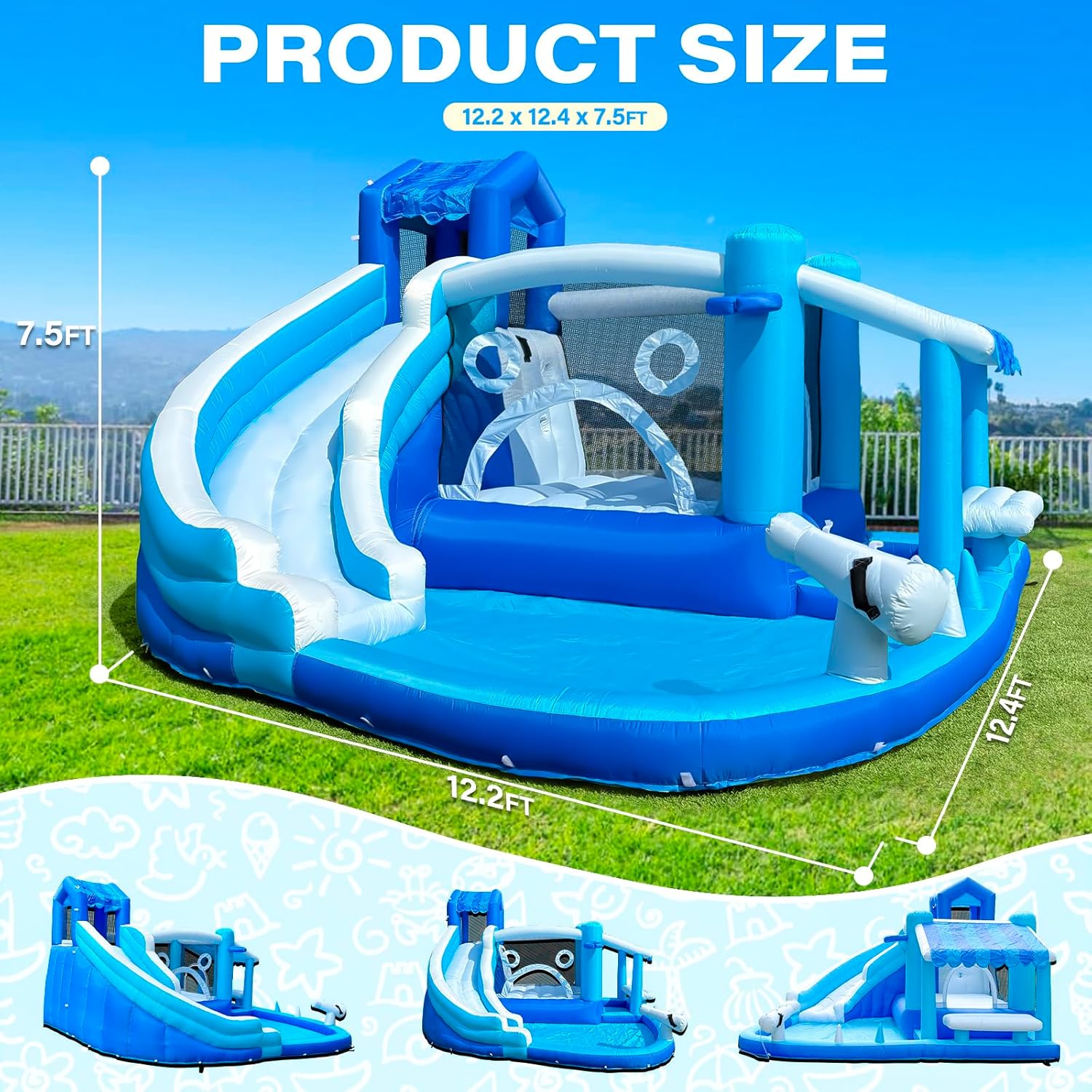 Inflatable Bounce House Water Slide Water Park, Kids Bouncy House for Kids 3-12 with Dual Slide, Outdoor & Indoor, with 550W Powerful Blower Included (Single Slide Water Park)