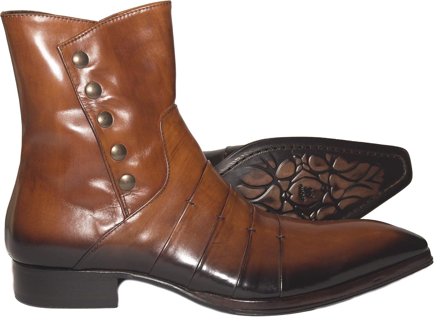 Jo Ghost 1832 Italian Cognac Leather Ankle Boots with Zipper and Buttons