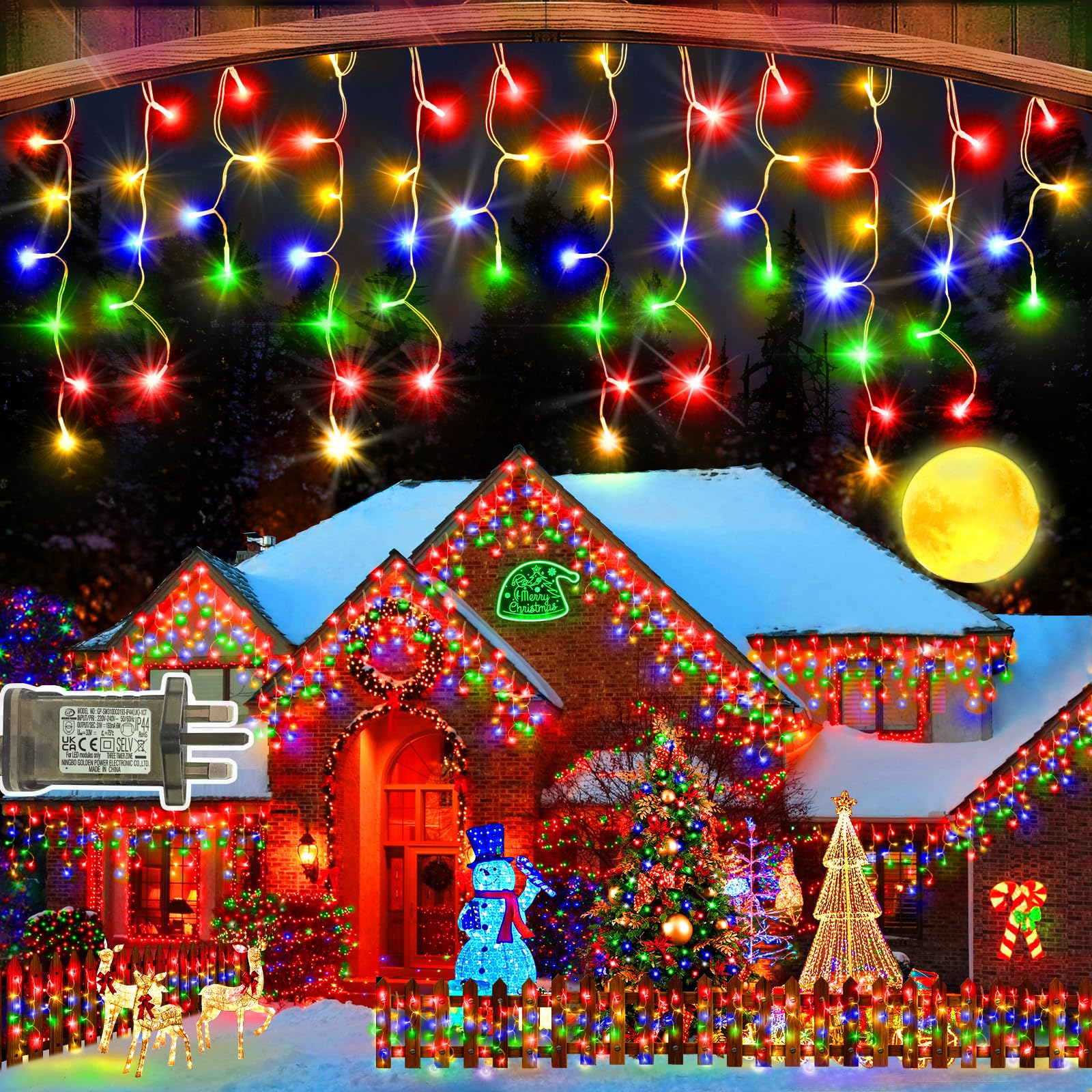 SAUSHENG 320 Led Christmas Icicle Lights Outdoor Xmas Lights 10M with Timer Waterproof Outside Fairy Lights for Indoor Window House Roof Porch Balcony Gutter Balcony Gazebo Decorations(Multicolor