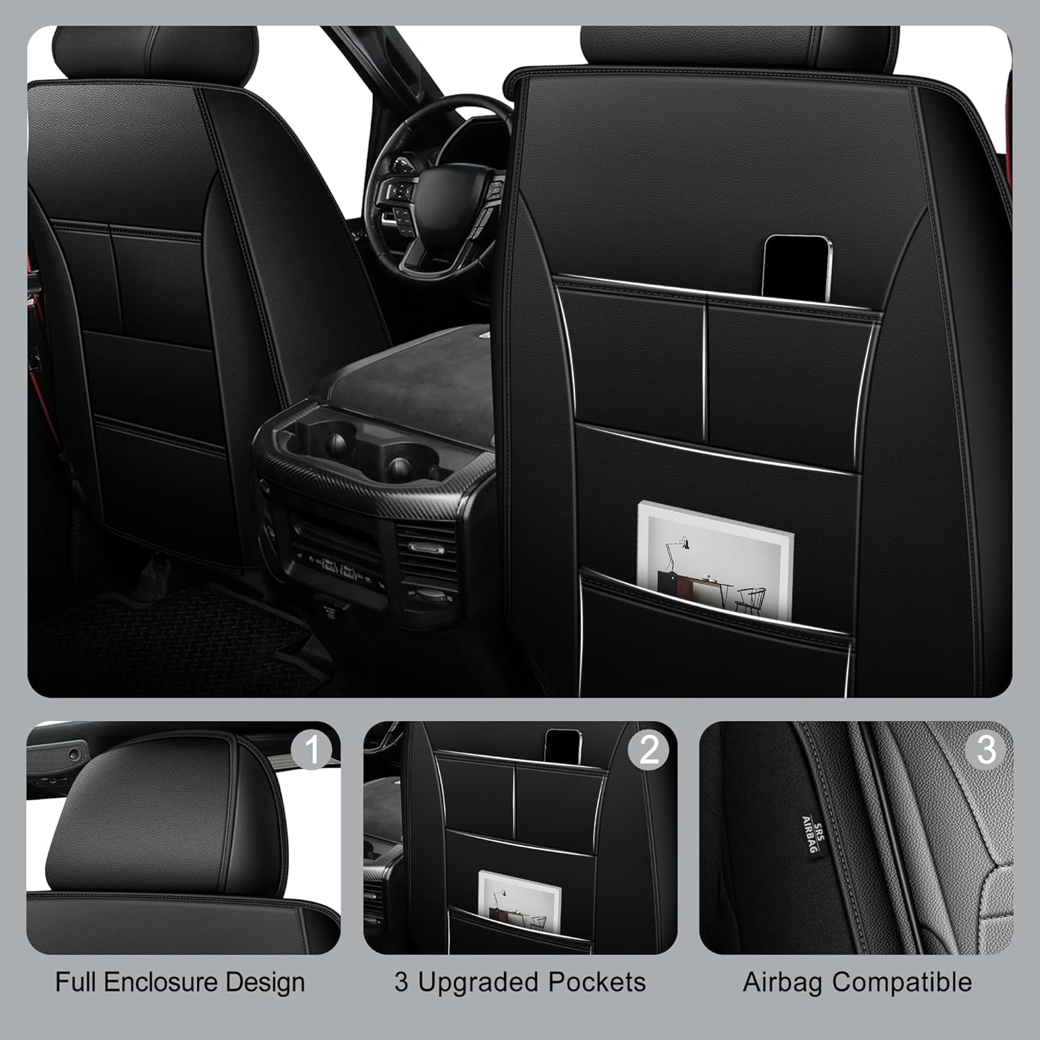 similar to**** seat covers full set custom fit for dodge ram 1500 2500 3500 2002-2026 waterproof faux leather truck seat protectors compatible with crew quad regular cab (curved bench, black&grey) 129-black&grey 5 seats full set-dodge ram 2002~2026