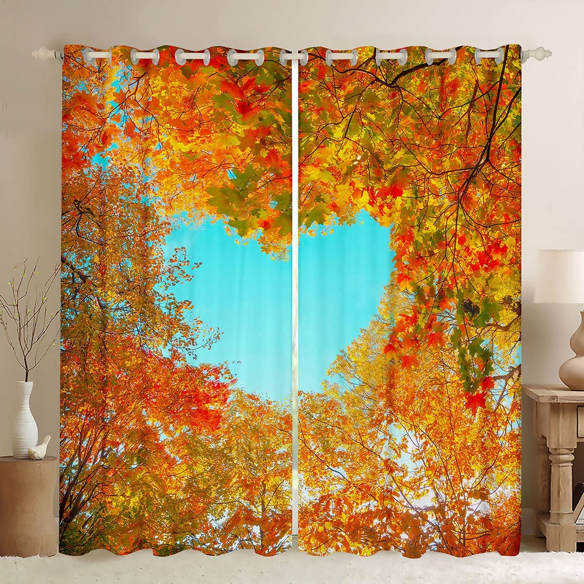 richhome Maple Leaf Curtains,Yellow Leaves Window Curtains For Boys Girls Teens,Heart-Shaped Sky Window Treatment Home Decor,Romantic Autumn Darkening Drapes For Living Room Bedroom,66Wx72L