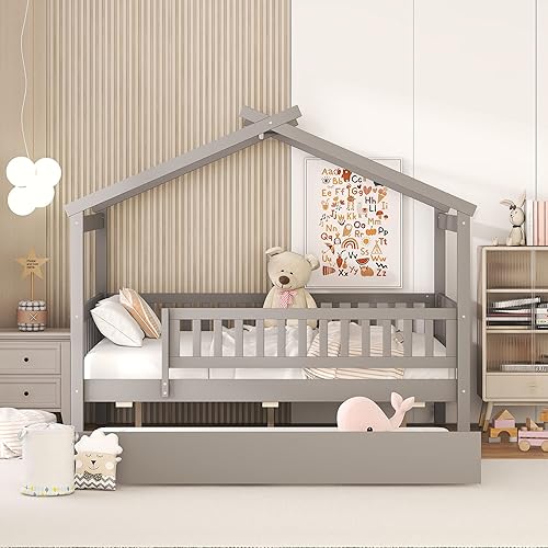 Miniatura 22 de Cama de casa tamaño individual con barandillas de valla, marco de cama de madera estilo Montessori para niños, divertidas camas de casa de juegos