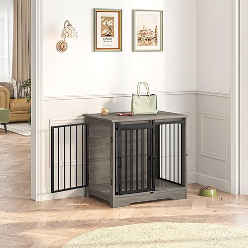 27.2" Dog Crate Furniture with Barn Door — shown in a real home setting for scale