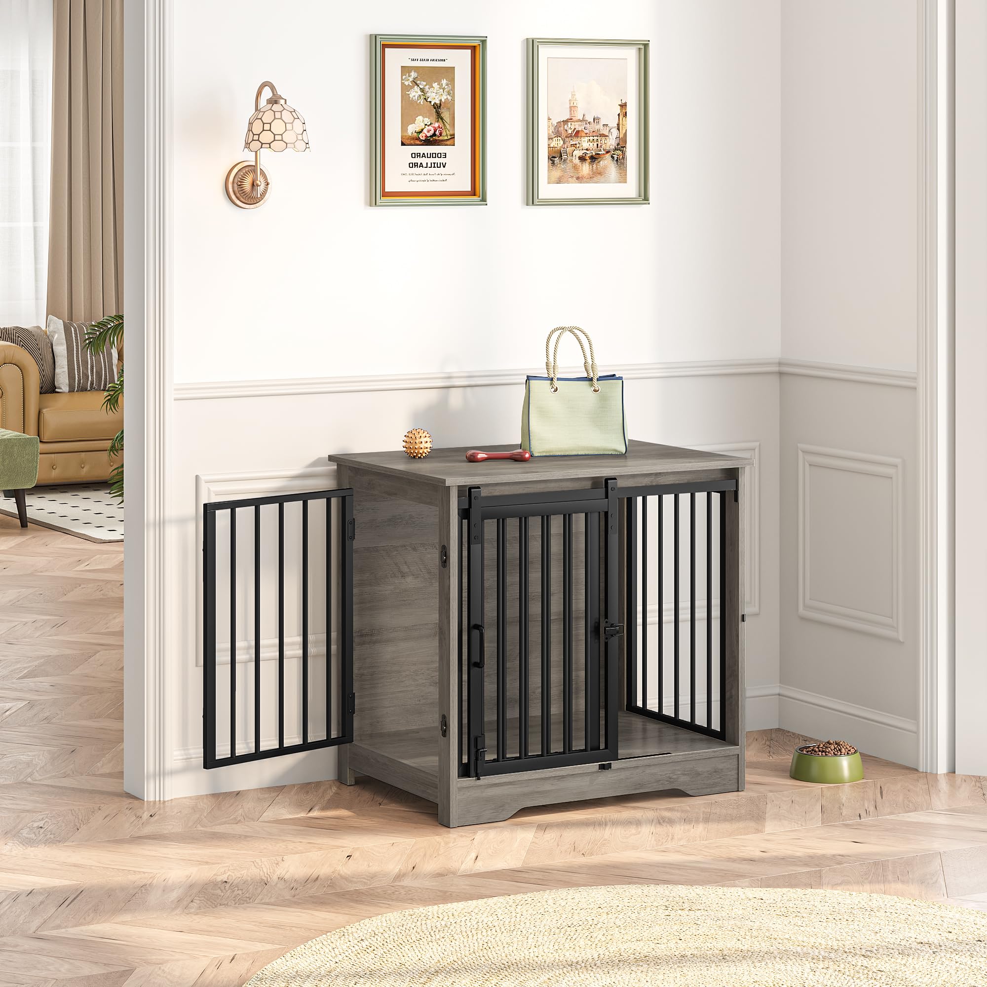 Hzuaneri 69 cm Cage pour Chiens, Table d’Appoint, Niche Moderne pour Chiens, Cage pour Chiots, Maisonnette pour Animaux, 2 Portes, 69 × 49 × 64,5 cm, Ivoire Clair DFC84305B