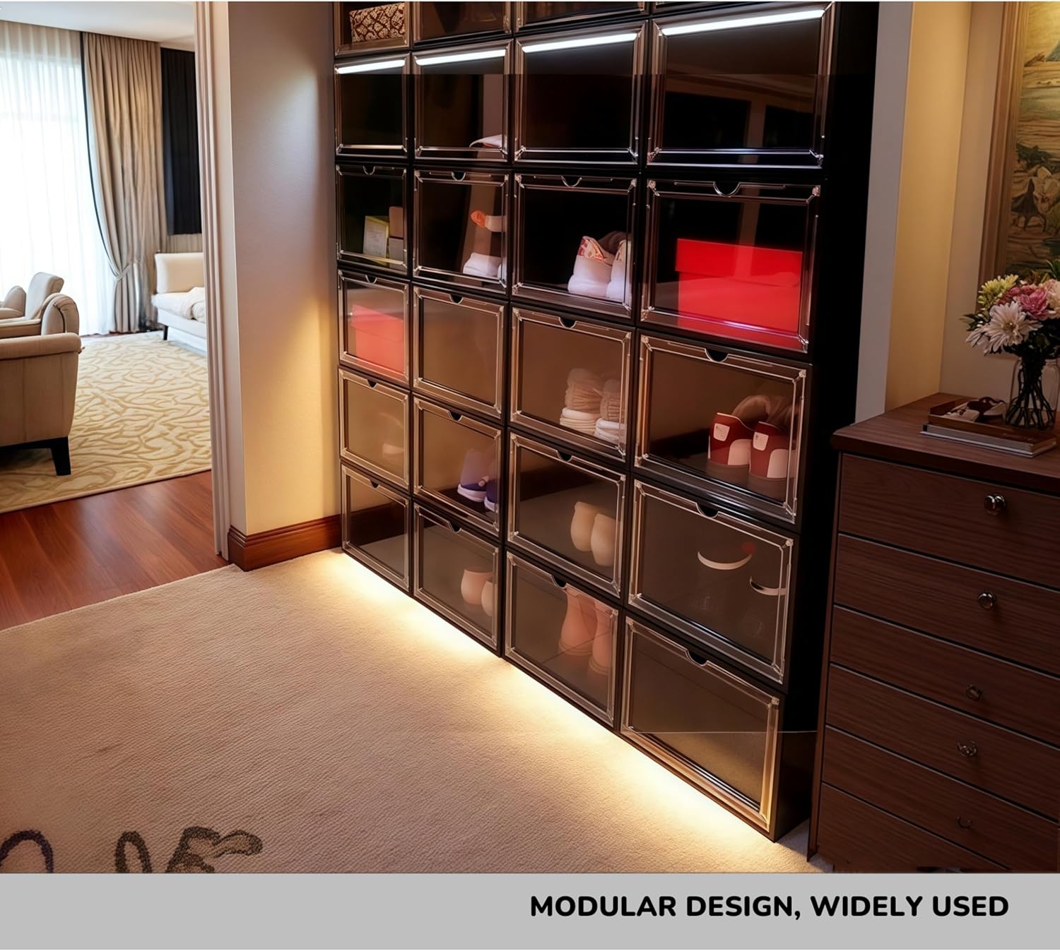 12 Pack Black Shoe Storage Boxes Stackable, Plastic Shoe Boxes with Lids, Sneaker Storage, Transparent, Thick Hard, Drop Front Door, Within US Size 13