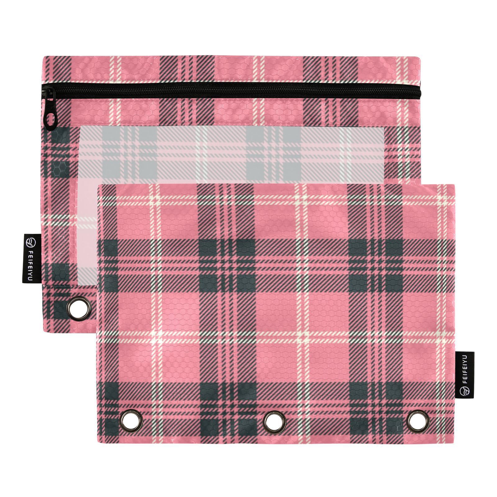 ODAWA Plaid Binder Pouches, 2 Pack 3 Ring Pencil Pouch for Binder with Smooth Zipper, Clear Window Pencil Case for Binder