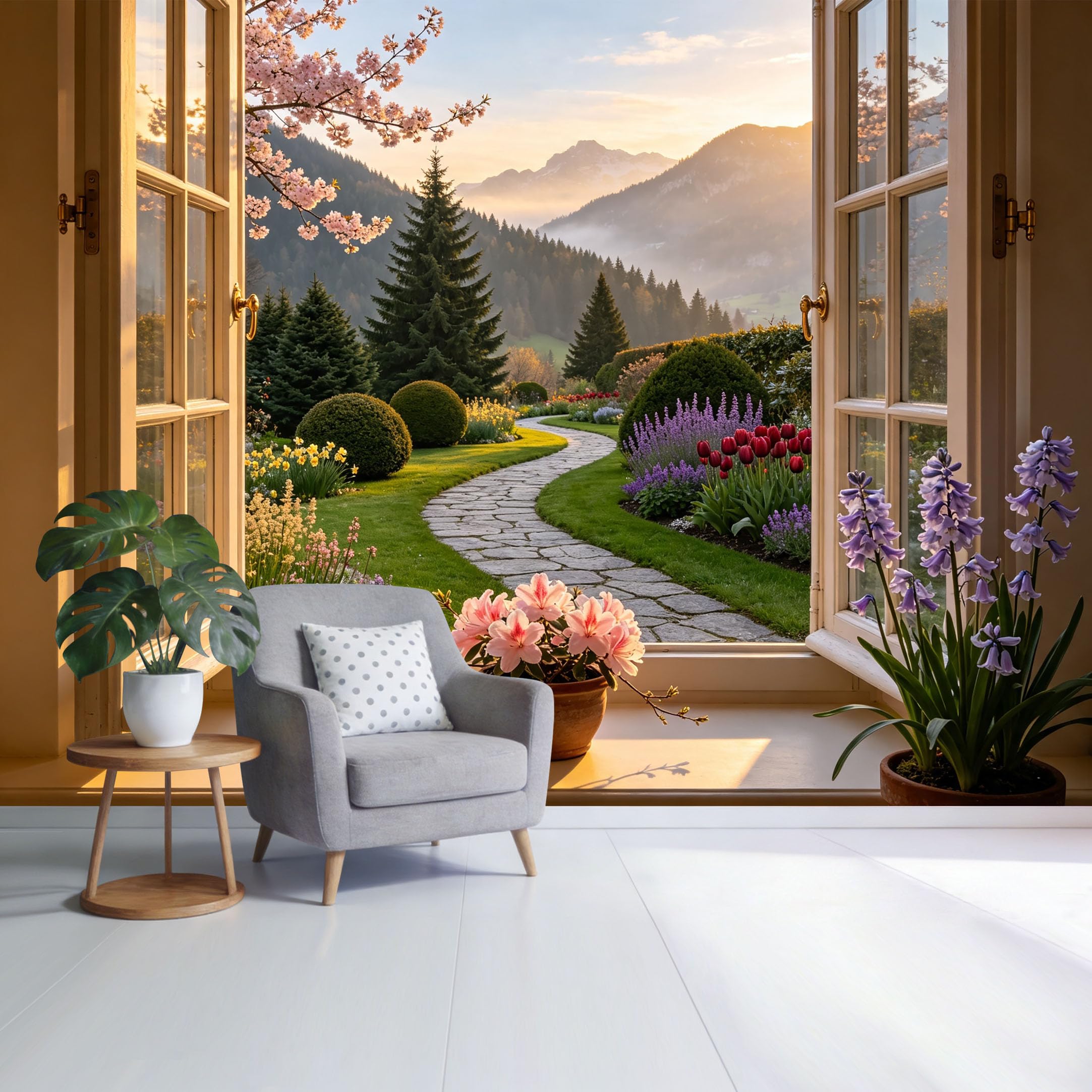 Custom Size Wall Mural Mountain Lake Forest Spring Garden View Removable Self Adhesive Fabric， Home Wall Decor for Living Room Bedroom Bathroom 3D Trompe L'Oeil