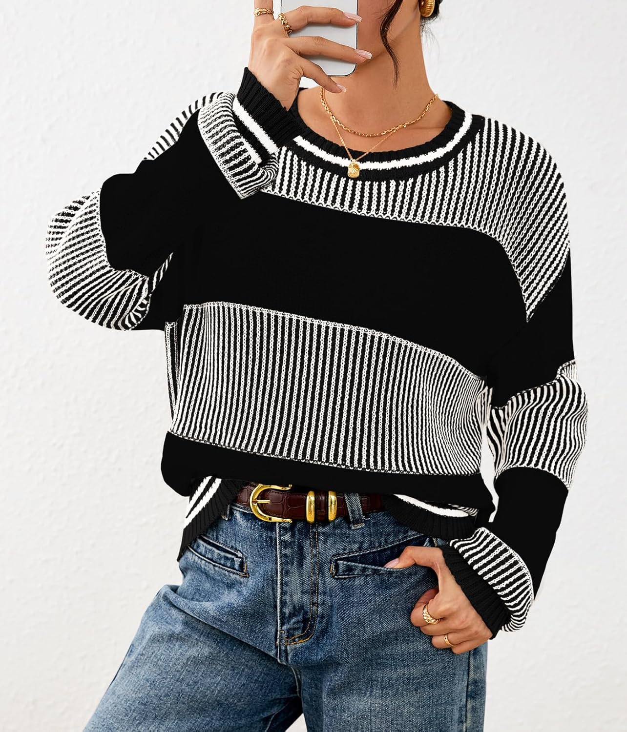 Viottiset Women's 2025 Fall Fashion Crew Neck Long Sleeve Striped Color Block Knit Loose Pullover Sweater Tops - Image 4
