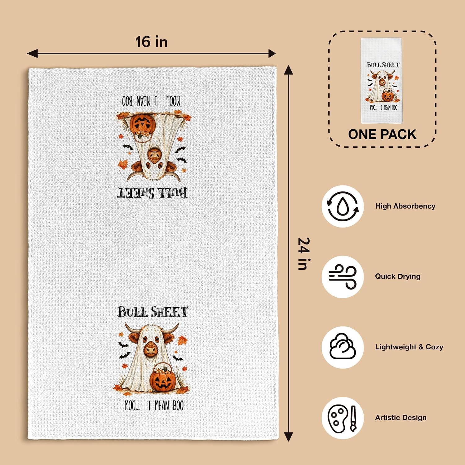 Funny Halloween Ghost Highland Cow Dish Towels 16x24