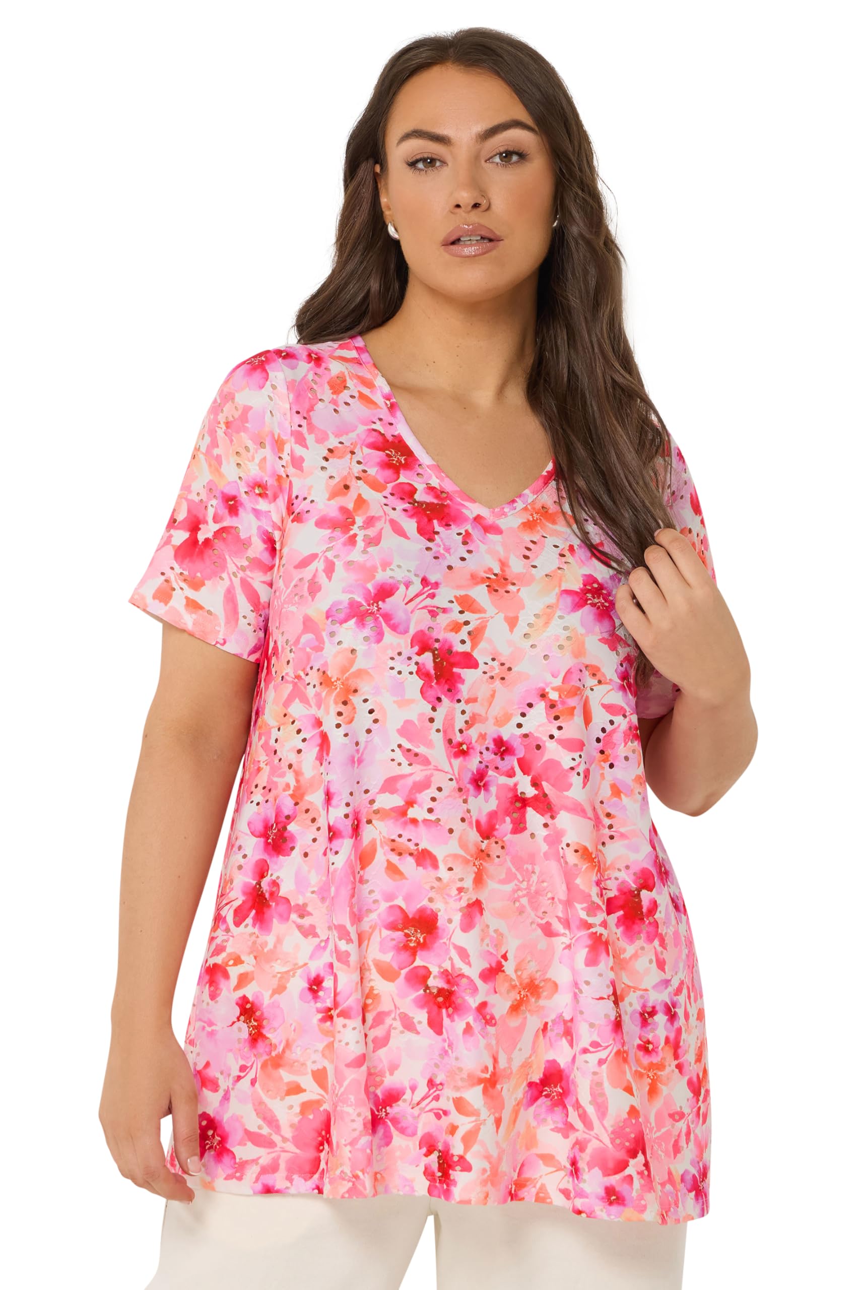 Yours Women's Pink Floral Broderie Anglaise Top In Size 22-24