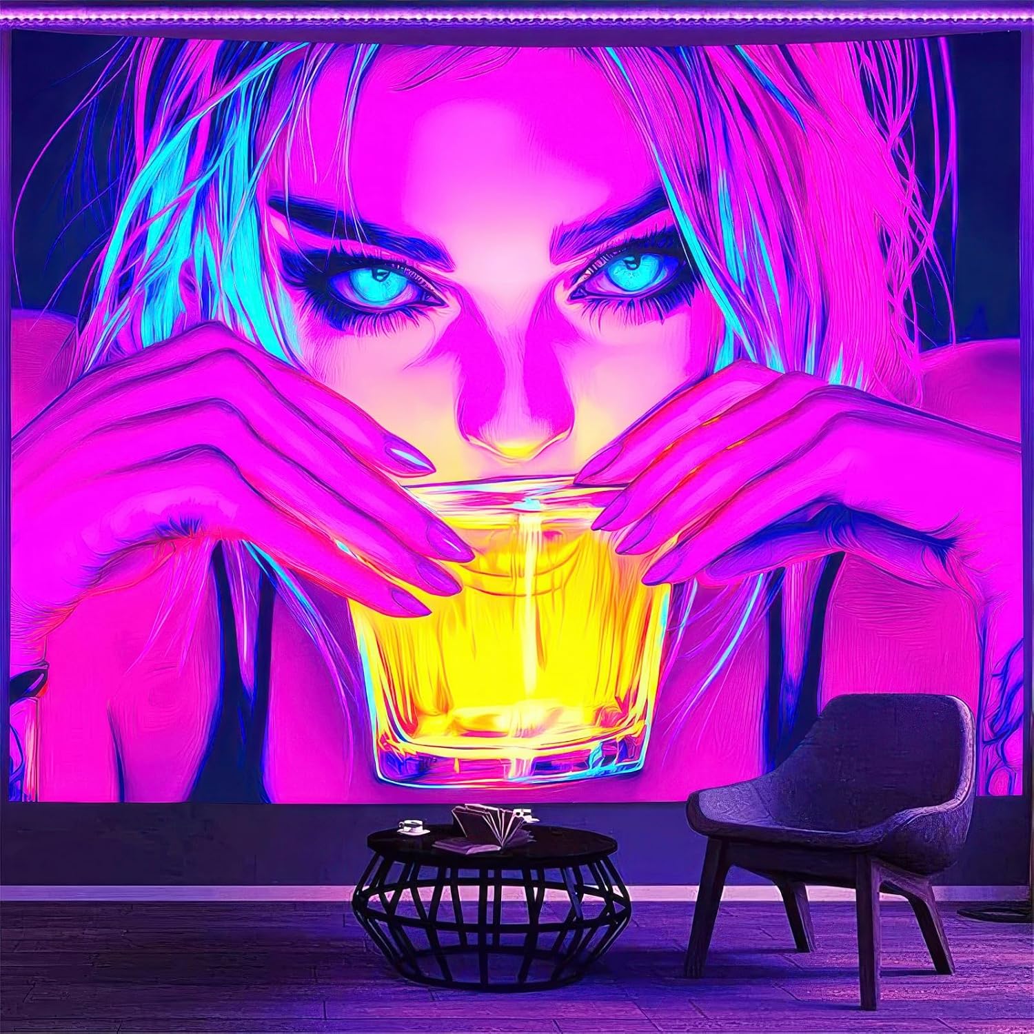 BlissYard Blacklight Tapestry Bedroom Cool Cute Girl Anime Wall Tapestry Aesthetic UV Reactive Purple Tapestries Glow In The Dark Art Wall Hanging Poster Room Bedroom Party Backdrop Decor 78x59 Inch