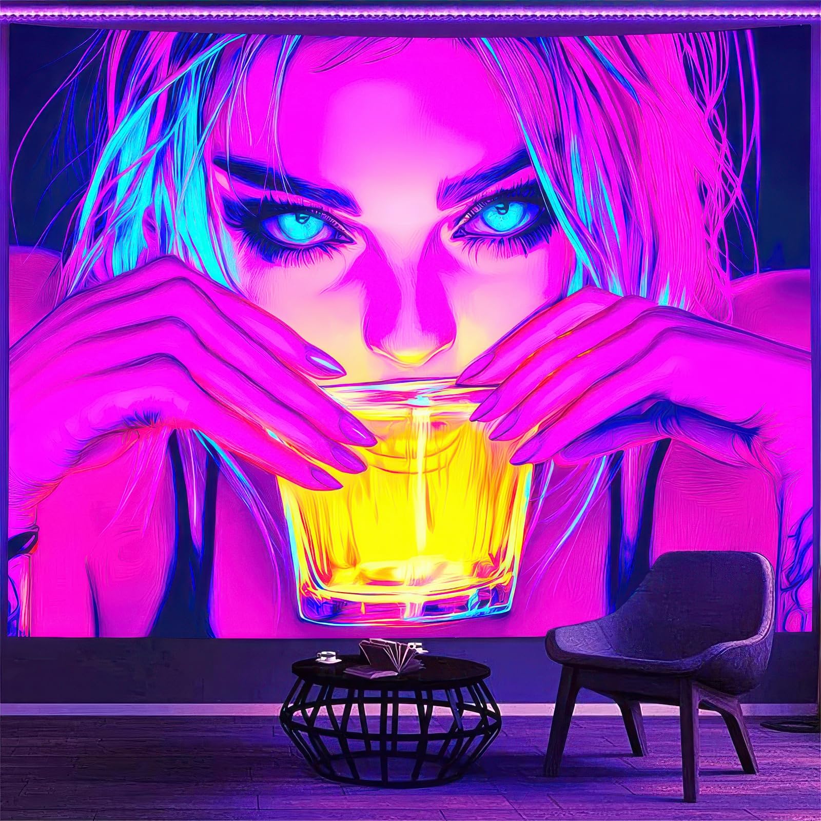 BlissYard Blacklight Tapestry Bedroom Cool Cool Girl Anime Wall Tapestry Aesthetic UV Reactive Purple Tapestries Glow In The Dark Art Wall Hanging