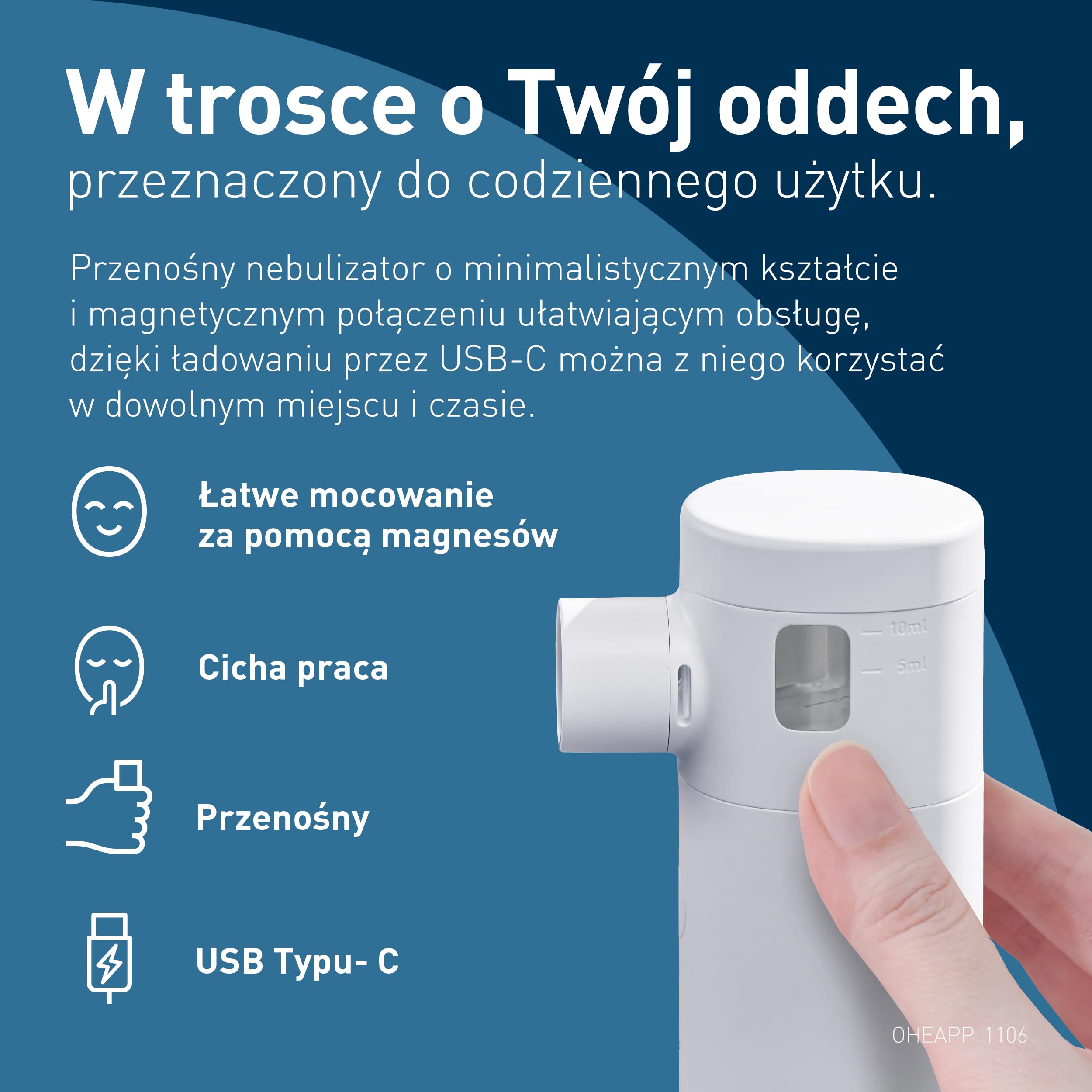 OMRON MicroAir Move Cichy Przenośny Nebulizator Inhalator Siateczkowy dla Dorosłych i Dzieci z Maskami i Ustnikiem Ładowany USB-C