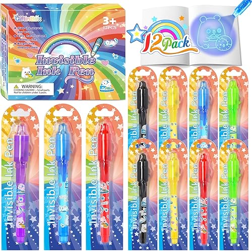 GIFTINBOX Invisible Ink Pen with UV Light for Kids, 12PCS Spy Pen Party Favors for Kids 8-12, Magic Marker for Secret Message, School Supplies